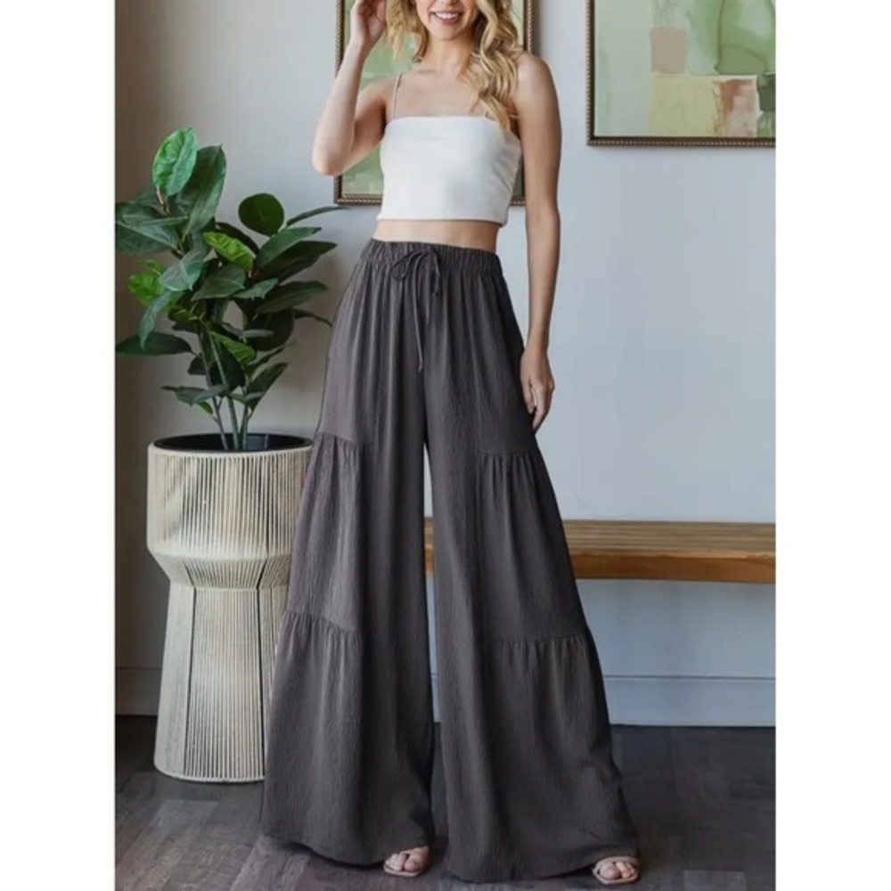 Boho Tiered Wide Leg Palazzo Pants Charcoal Grey Crinkle Gauze Beach Trousers